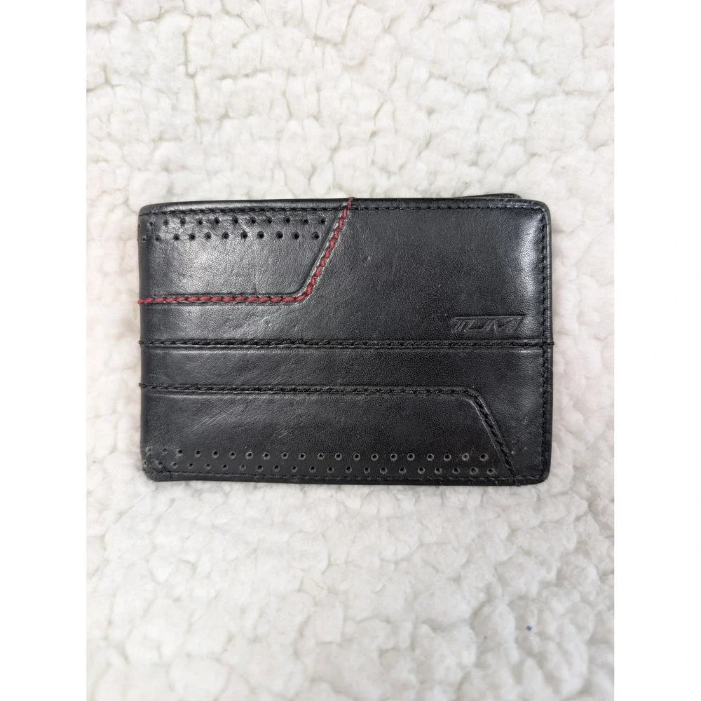 Tumi Mens Black Leather Perforated Bifold Wallet Red Stitching Slim Billfold